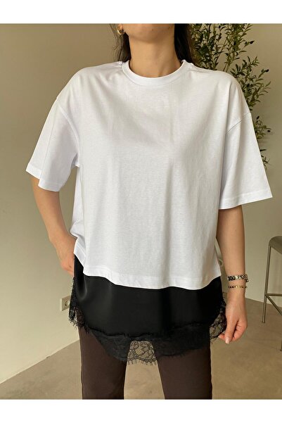 Bade Butik Λευκό ασύμμετρο μπλουζάκι με δαντέλα