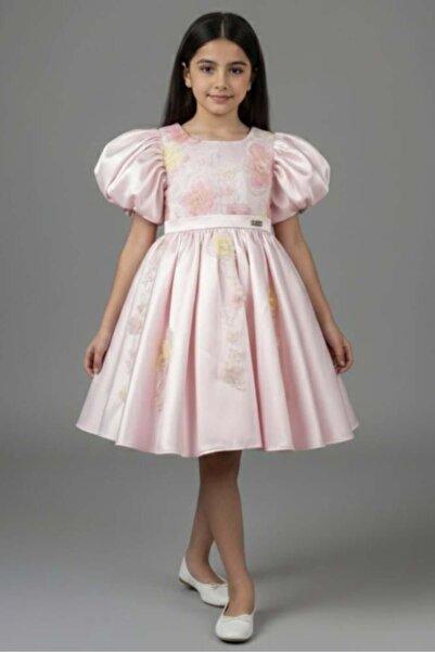 Alesaei-mondo tondo Girls' royal pink evening dress with puff sleeves and rai...