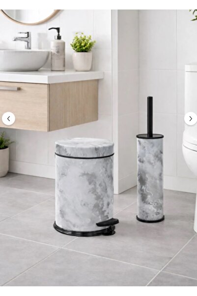 Femy Beyaz Mermer Desenli 2'li Banyo Seti - Metal Çöp Kovası 3 Lt ve WC Fırça...