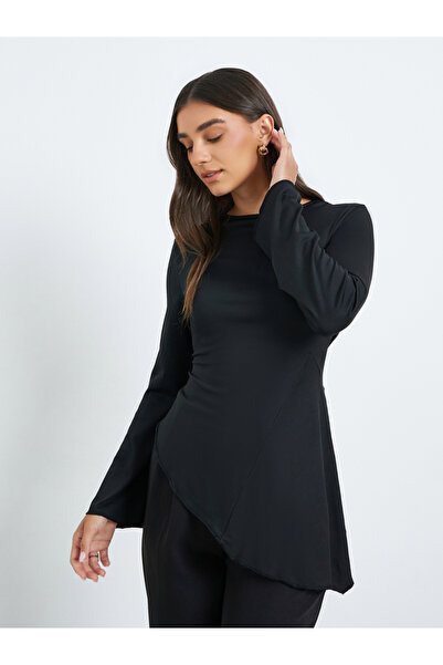 Styli بلوزة نسائية سوداء محبوكة بحافة غير متماثلة