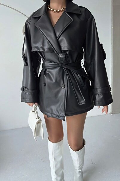 gm giyimarket New Season Women's Belted Leather Trench Coat