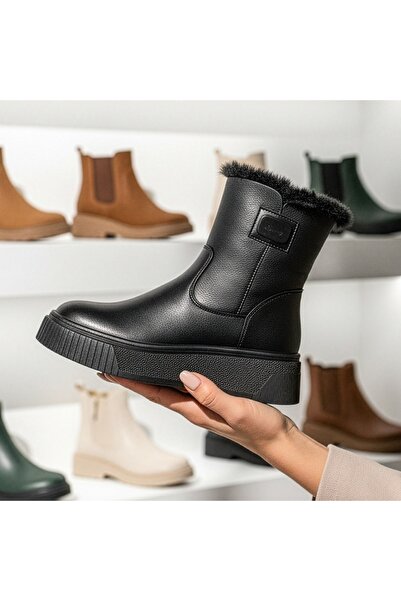 Modlet.ro Women's black leather platform ankle boots with zipper MOD14041