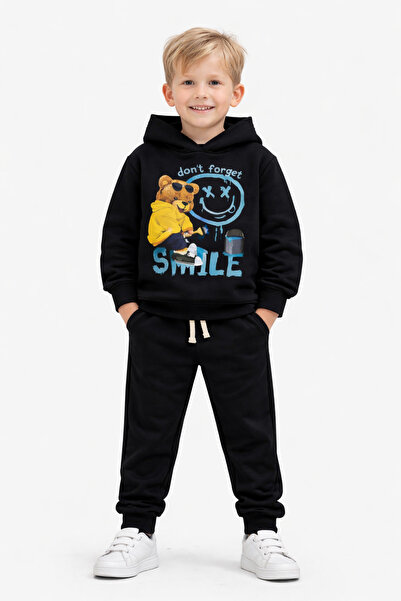 ues Set de trening pentru băieți cu glugă și imprimeu cu ursuleț negru