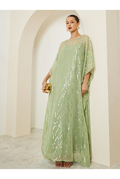 Amirah By Styli Women Green Embellished Textured Kaftan