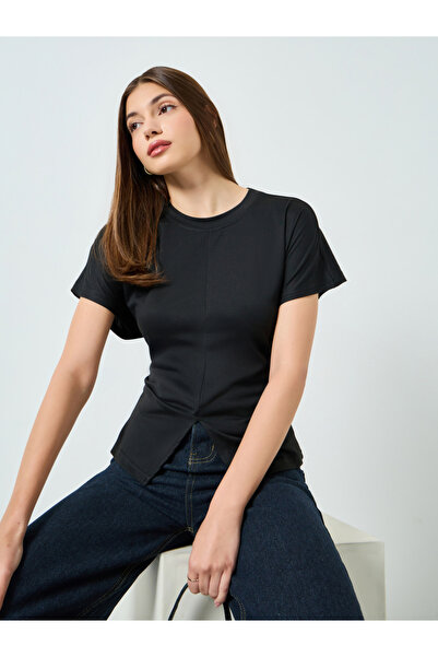 Styli Black Split Hem Round Neck T-Shirt