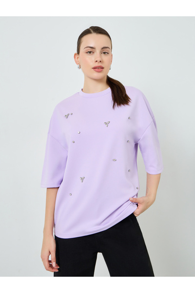 Styli Women Lilac Embellished Oversized T-Shirt