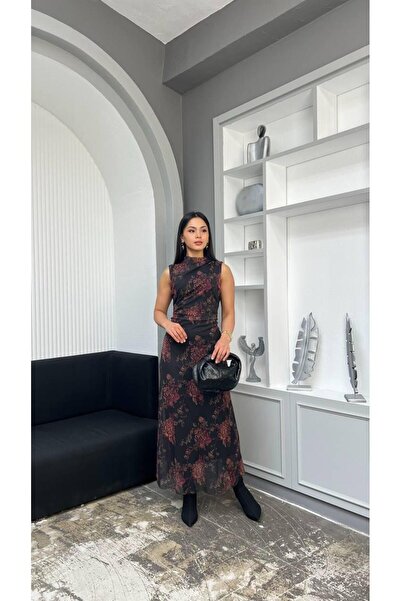 Moda Palmiss Women's Black Floral Patterned Tulle Detailed Long Evening Dress...