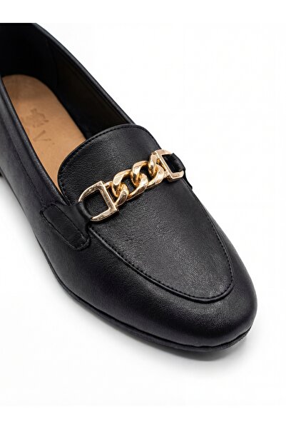 Venüs Women's Genuine Leather Black Buckle Loafer Vns010