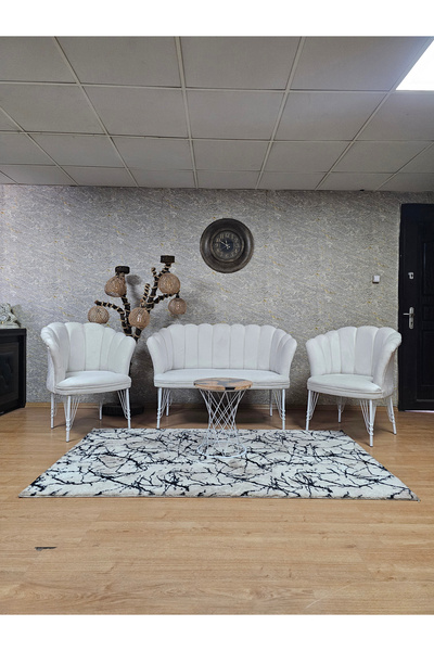 Beyaz Boyalı Tel Ayak Papatya Çay Seti Koltuk Takımı , Balkon, Salon, Ofis, Cafe Koltuk Takımı