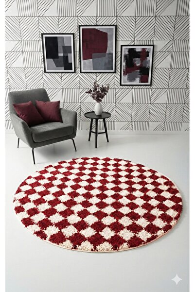 EUROBANO Dama Patterned Bone-Red Circle Carpet Round Non-Slip Latex Based Was...