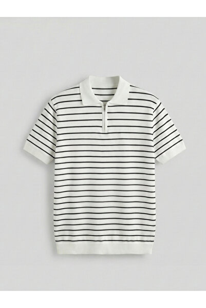 kastrioti Premium Zippered Side Striped Old Money Knitwear Polo Neck T-Shirt