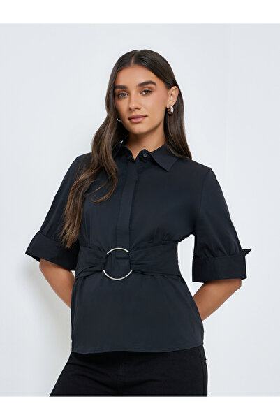 Styli Women Black Belted Short Sleeve Blouse