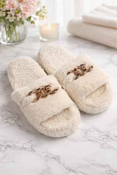 SUNSTEP Papuci de casă casual pentru femei, de iarnă, cu lanț cu blană albă ș...