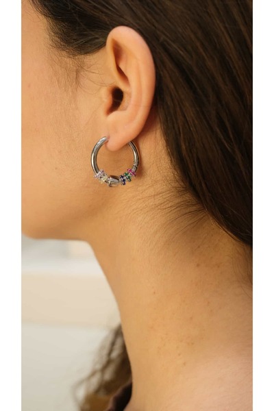 Jerie Renkli Zirkon Taş Detay Halka Küpe