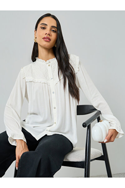 Styli White Long Sleeve Ruffle Blouse