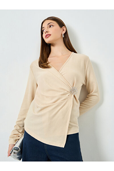 Styli Beige Embellished Wrap Top