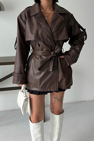 gm giyimarket New Season Women's Belted Leather Trench Coat