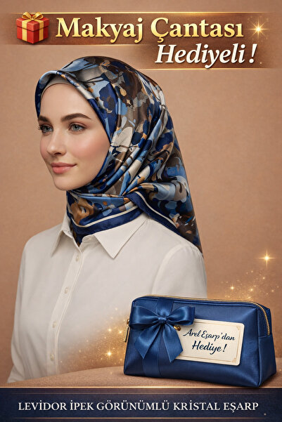 Levidor 90X90 Silk-Look Brown - Navy Blue Crystal Scarf – Non-Slip Twill Styl...