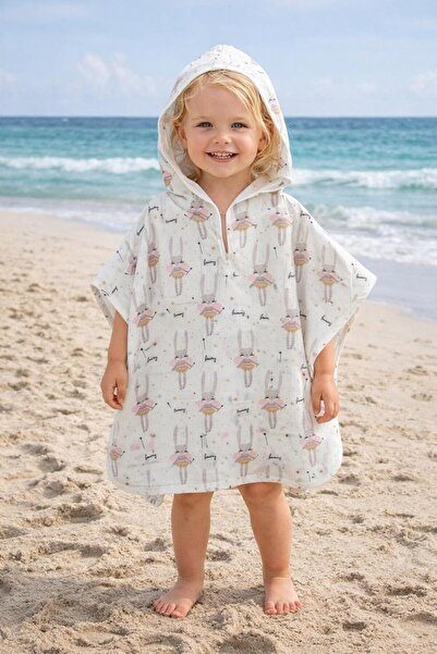 JUNİPERUS Organik %100 Pamuk Müslin Kapşonlu Plaj Çocuk Bebek Panço Bornoz Ba...