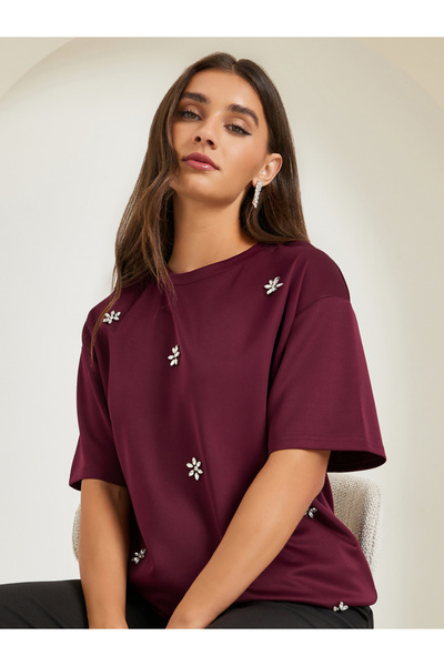 Styli Burgundy Embellished Oversized T-Shirt