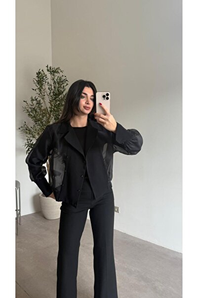 Bade Butik سترة قميصية سوداء من الأورجانزا