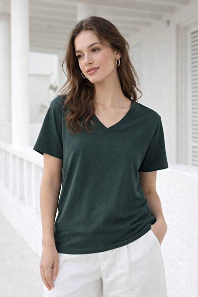 Rich Women's Khaki Soft Textured Interlock V-Neck Basic T-Shirt