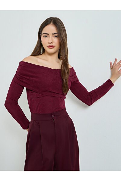 Styli Women Maroon Off-Shoulder Knit Top