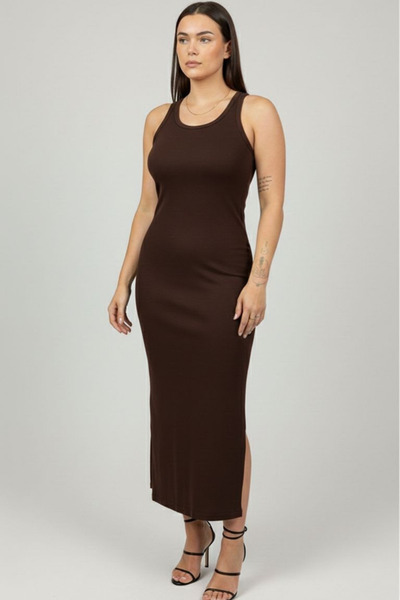 soft&basic Ženska smeđa haljina Rebrasta tkanina okrugla kragna dugih rukava ...