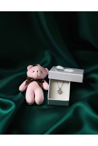 Nesel Atelier Steel Pink Heart Necklace and Plush Teddy Bear Gift Set
