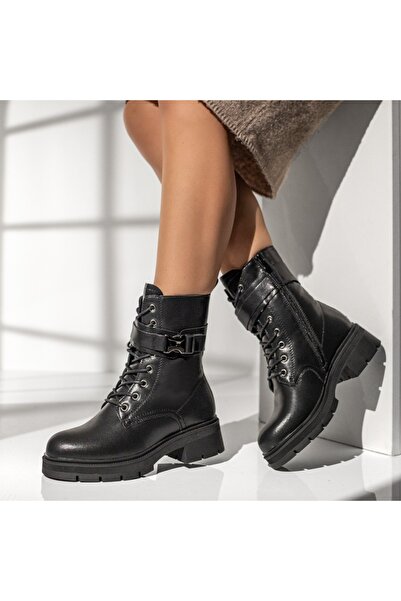 Modlet.ro Women's black leather platform ankle boots with zipper MOD14002