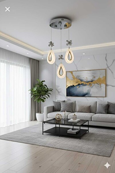CanAydınlatma Krom Damla 3'Lü Sarkıt 3 Renk LED Modern Salon/Oda/Antre Avizes...