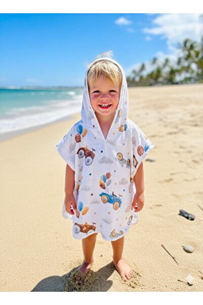 JUNİPERUS Organik %100 Pamuk Müslin Kapşonlu Plaj Çocuk Bebek Panço Bornoz Ba...