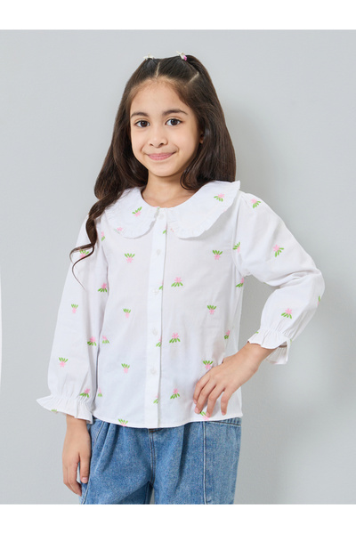 Styli Girls Embroidered Cotton Top with Peter Pan Collar