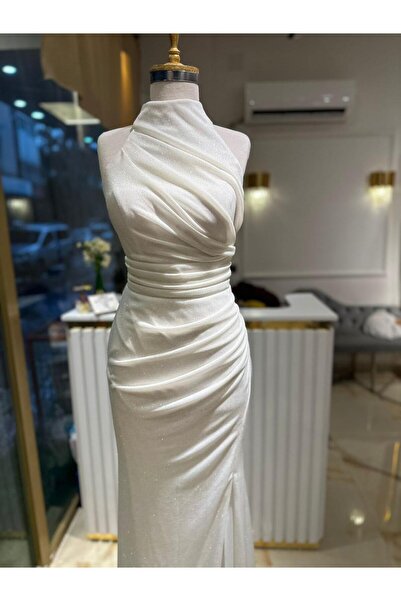 Abiye's HALTER YAKA BEYAZ YIRTMAÇLI DRAPELİ SİMLİ IŞILTILI BALIK NİKAH SÖZ Nİ...