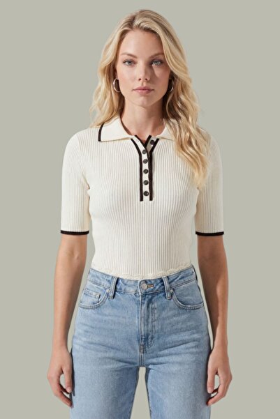MODAMERSİ Women's White Ribbed Button Detailed Short Sleeve Knitwear Blouse