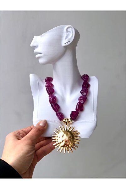 Gözde Tasarım Butik KADIN MOR RENK İTHAL BATİK BONCUKLU KEMİK GÜNEŞ KOLYE