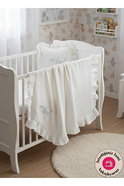 CARTI Nakışlı Dört Kat Müslin 3'lü Set (Yastık Kılıfı - Yastık - Battaniye) B...