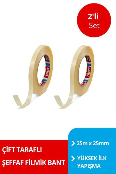 Tesa Çift Taraflı Filmik Bant, Genel Amaçlı Filmik, Şeffaf, 25m X 25mm x 2 Adet