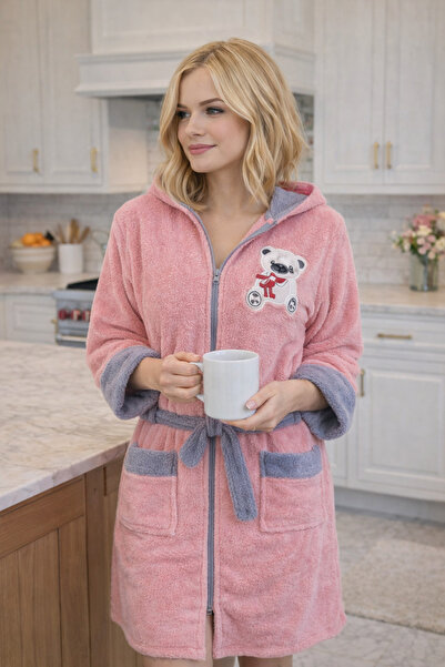 LaraLisa Hooded, Zippered, Pocketed, Fixed Belt Detailed Cotton Bathrobe