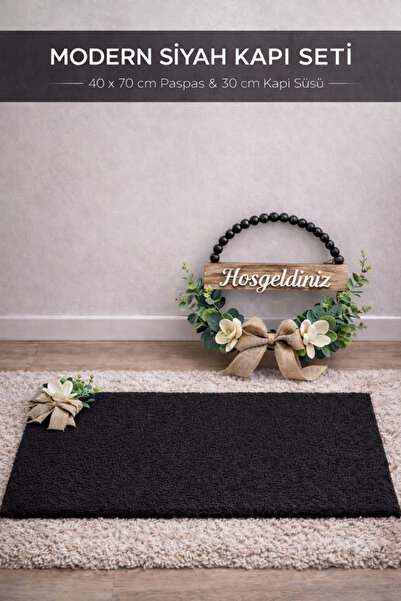 ecrella Modern Siyah Koko Paspas & Hoş Geldiniz Kapı Süsü – Çiçekli, Fiyonklu...