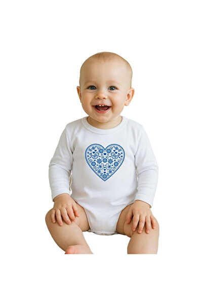 NEWBABY Body pentru bebeluși cu imprimeu New Baby Folk Pattern Blue Heart