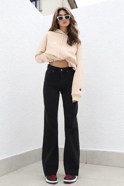 ByCukurovaFrango بنطلون جينز بالازو أسود عالي الخصر من الليكرا. (مرتفع للغاية...