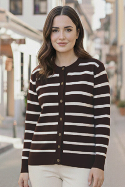 benguen Striped Hijab Cardigan N3294 Brown