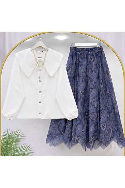 MODA VEDAT Women's Scallop Collar Shirt - Patterned Asymmetrical Cut Skirt Se...