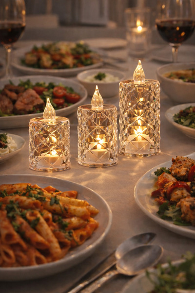 YDGR 3'lü Şeffaf Kristal Görünümlü LED Pilli Mum Seti – Alevsiz Dekoratif Işık