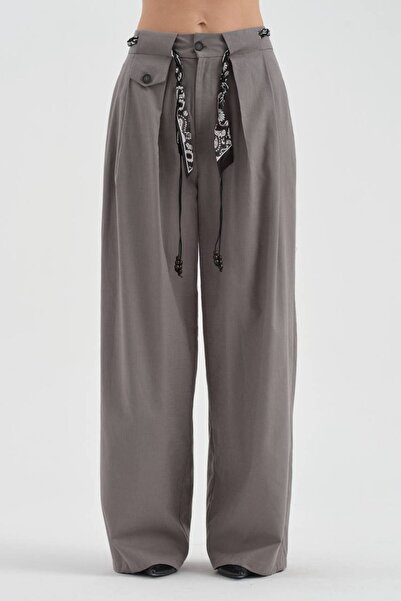 tw3 Γυναικείο λινό υφασμάτινο παντελόνι με αποσπώμενη ζώνη και φαρδιά μπατζάκια