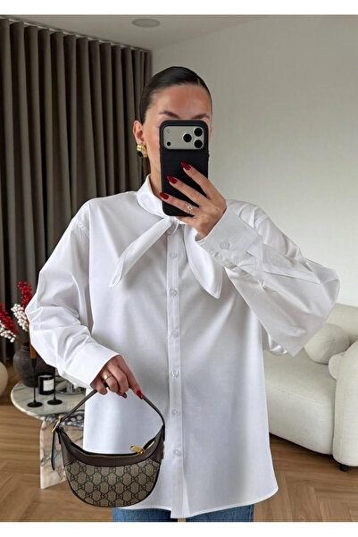 Moda Palmiss Women's White Scarf Detailed Long Sleeve Oversize Poplin Shirt -...