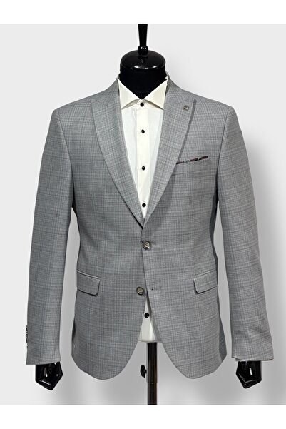 KAMER Men's 6 Drop Double Button Pointed Collar Plaid Gray Jacket 1615g