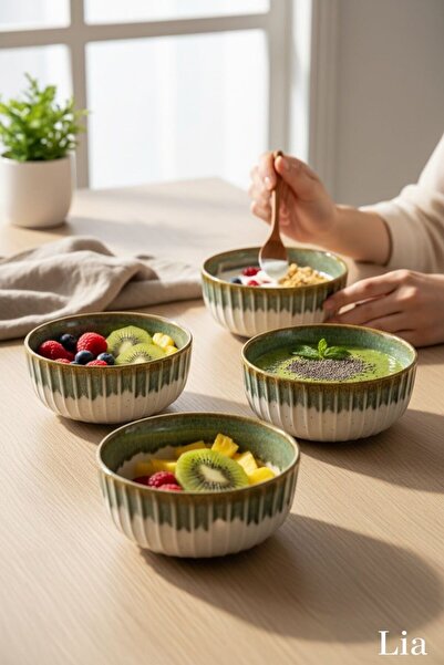 Lia Gordion 12 cm Porselen 4'lü Kase Seti - Yeşil