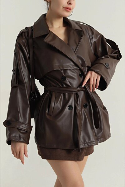 gm giyimarket New Season Women's Belted Leather Trench Coat